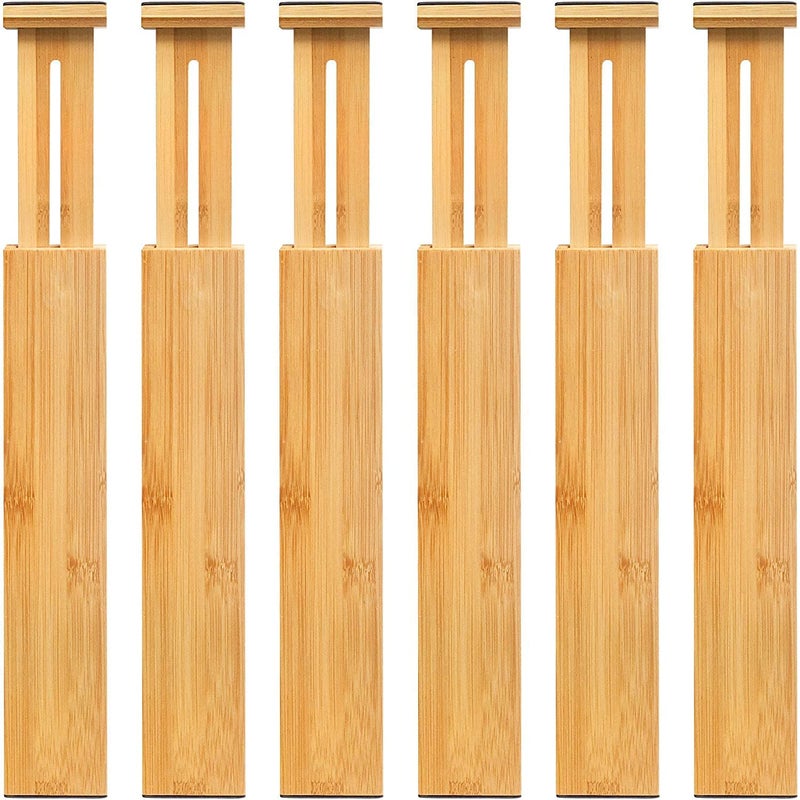VaeFae Adjustable Bamboo Drawer Dividers, Expandable Drawer Organizer for Kitchen, Bedroom, Bathroom, Dresser and Office, 6-Pack - Image 1
